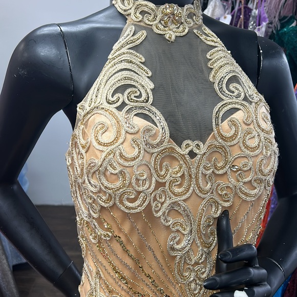 feriani couture 26286 Gold Beaded Long High Neck Mermaid Sleeveless Dress NWT - Picture 5 of 7
